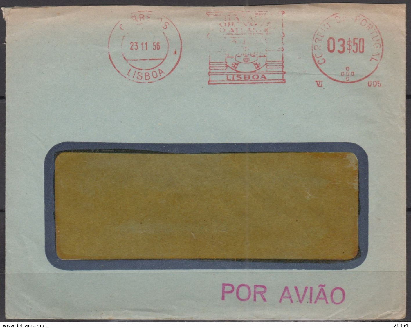 Empreinte  EMA  03S50  Sur Enveloppe Fenetre Pub " BANCO PORTUGUES DO ATLANTICO "  De LISBOA  Le  23 11 1956 - Macchine Per Obliterare (EMA)