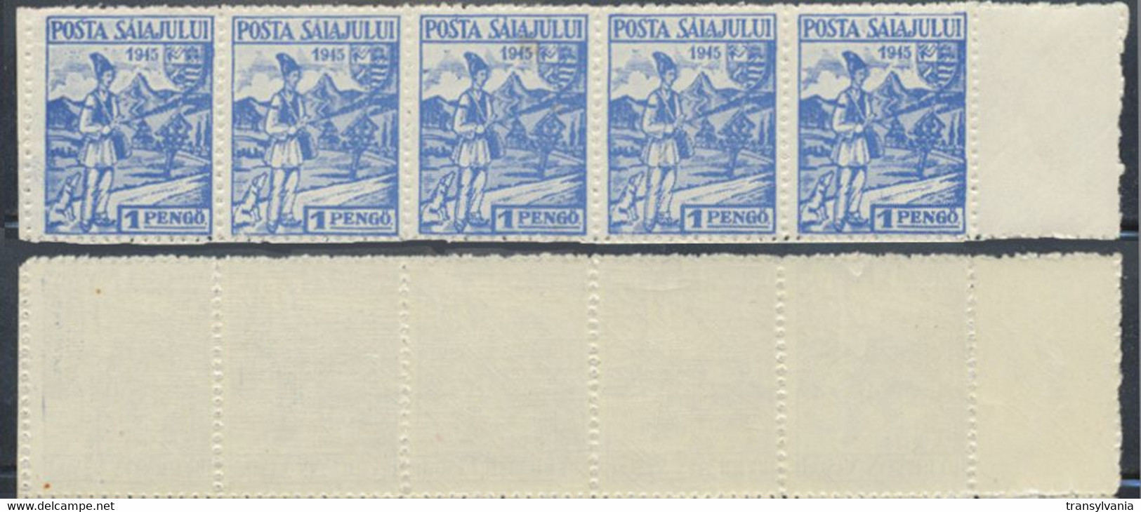 Romania Northern Transylvania 1945 Salaj 2nd Issue Strip Of 5 Stamps 1 Pengo With Attending Gutter, MNH - Transilvania