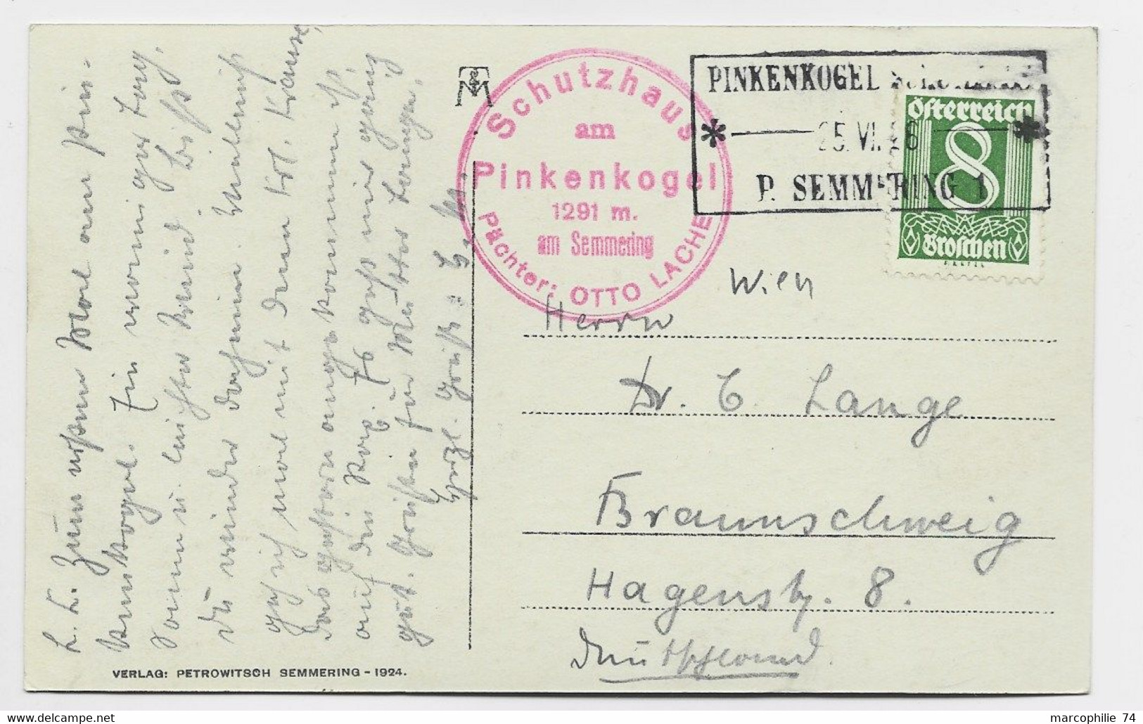 AUSTRIA 8K SOLO POSTKARTE GRIFFE P SEMMERING 1946 PINKENKOGEL - Covers & Documents