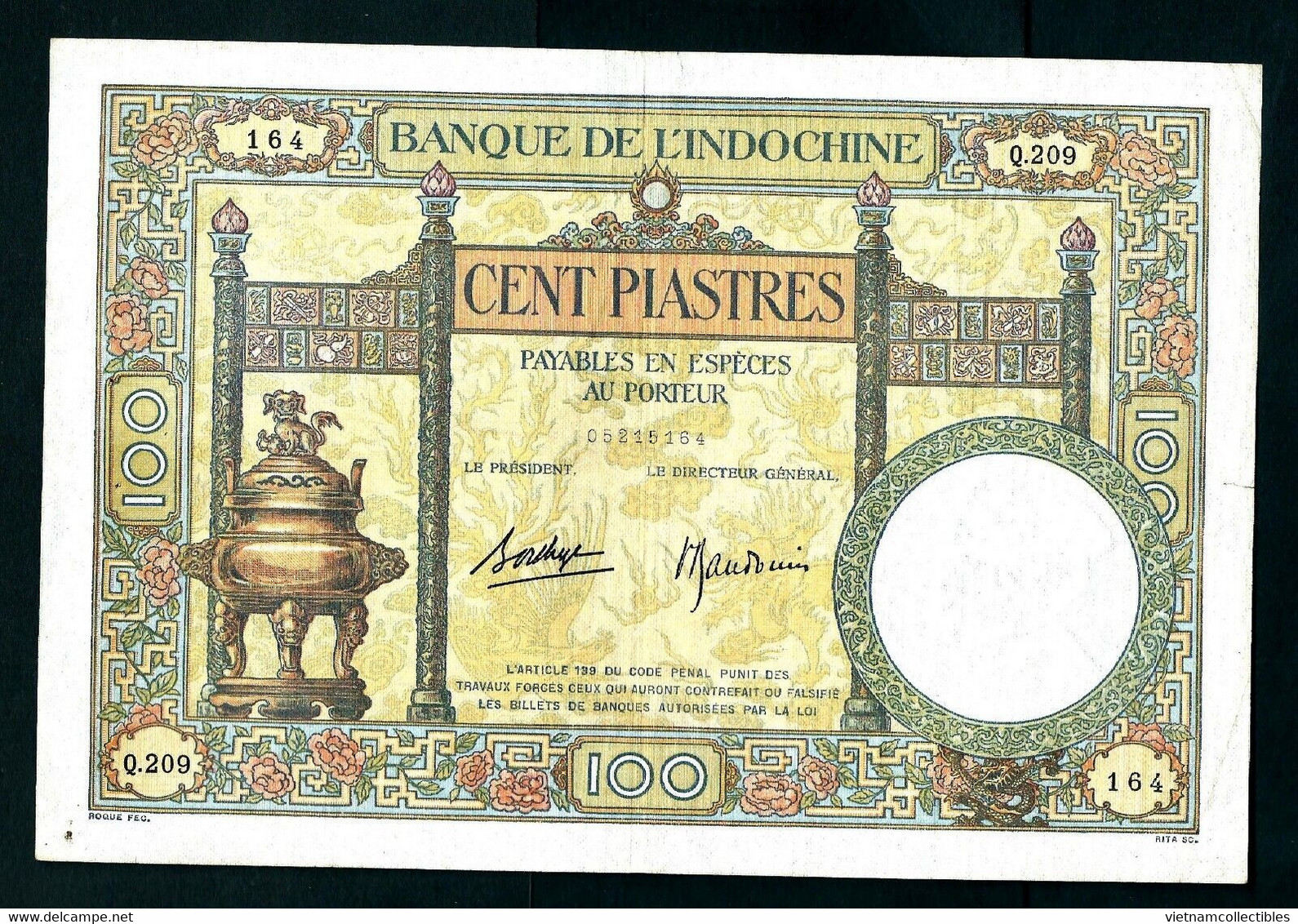 French Indochine Indochina Vietnam Viet Nam Laos Cambodia 100 Piastres VF Banknote Note 1936-39 - Pick # 51d / 02 Photos - Indochina