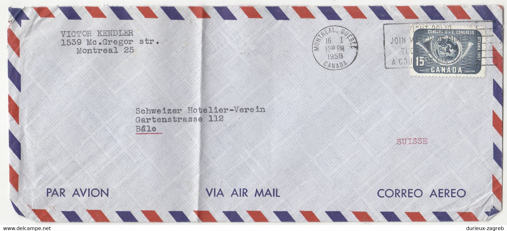 Canada Air Mail Letter Cover Posted 1958 To Switzerland B221201 - Covers & Documents