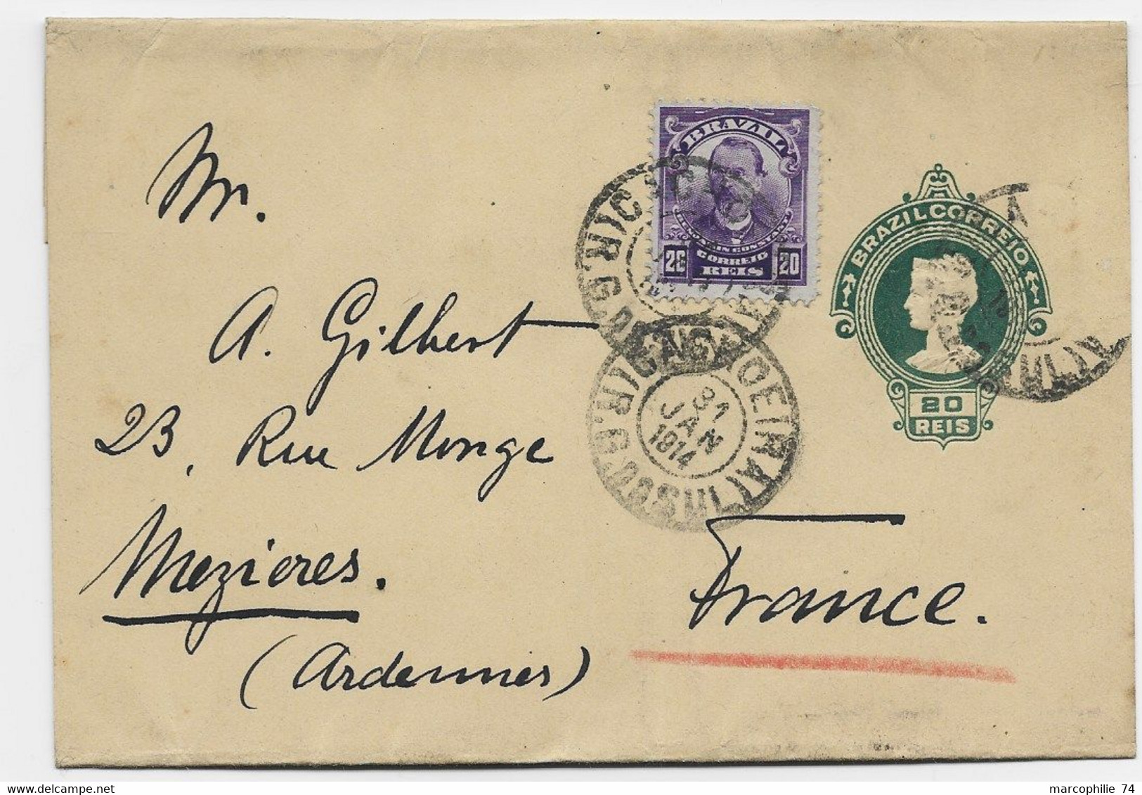 BRAZIL BRASIL ENTIER COVER 20 REIS + 20 REIS CACHOEIRA 1914 TO FRANCE - Entiers Postaux