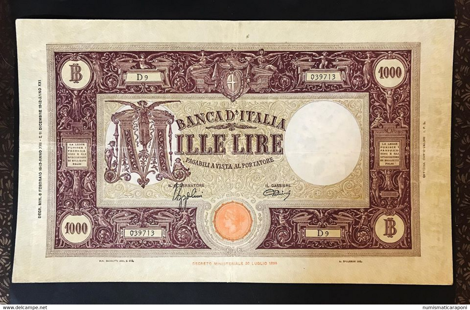 1000 LIRE BARBETTI GRANDE M 06 02 1943 Raro Lieve Restauro Q.bb LOTTO 905 - 500 Lire