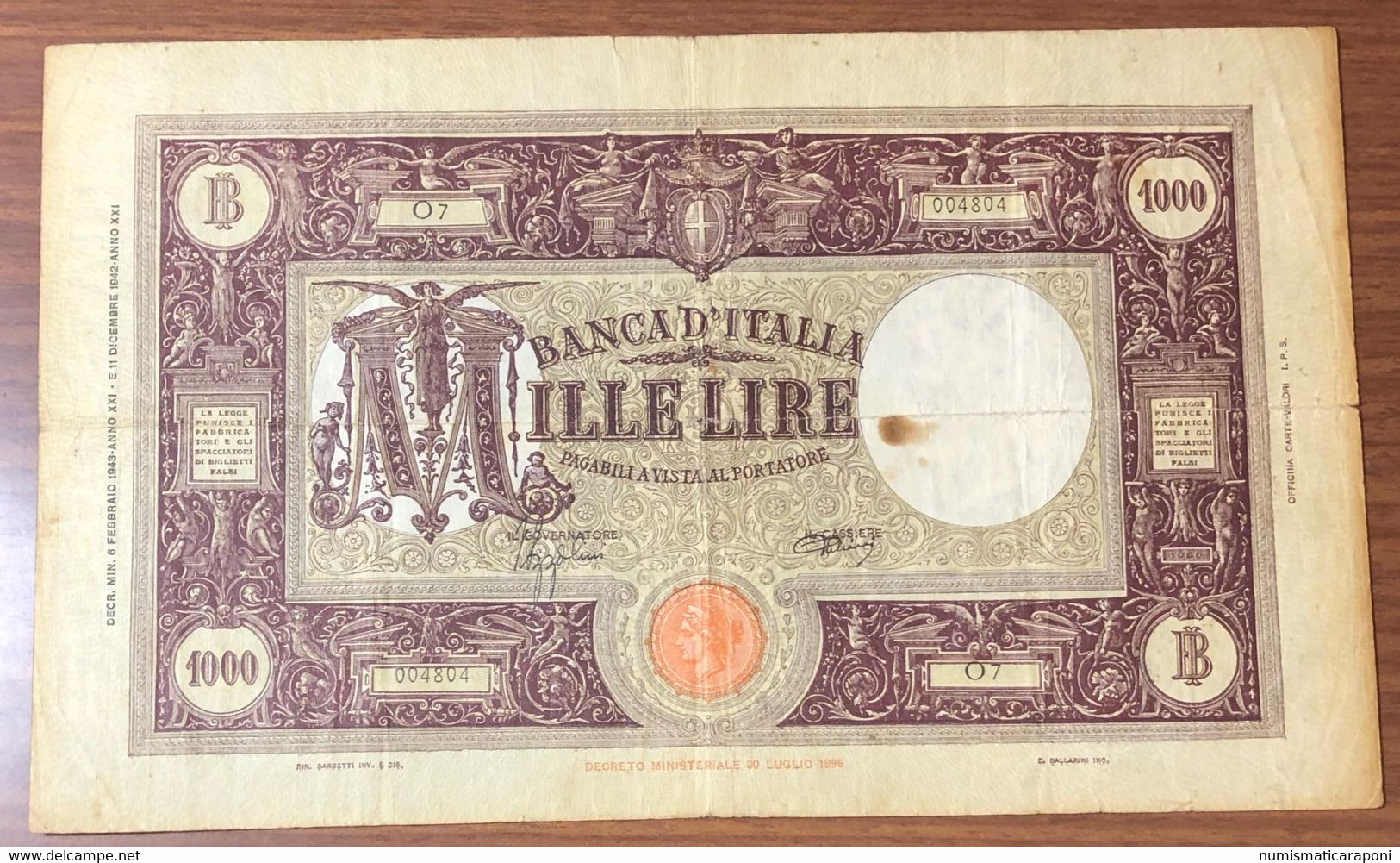 1000 LIRE BARBETTI GRANDE M 06 02 1943 Raro Taglietti E Macchia , Ma Naturale Mb LOTTO 1842 - 1000 Liras