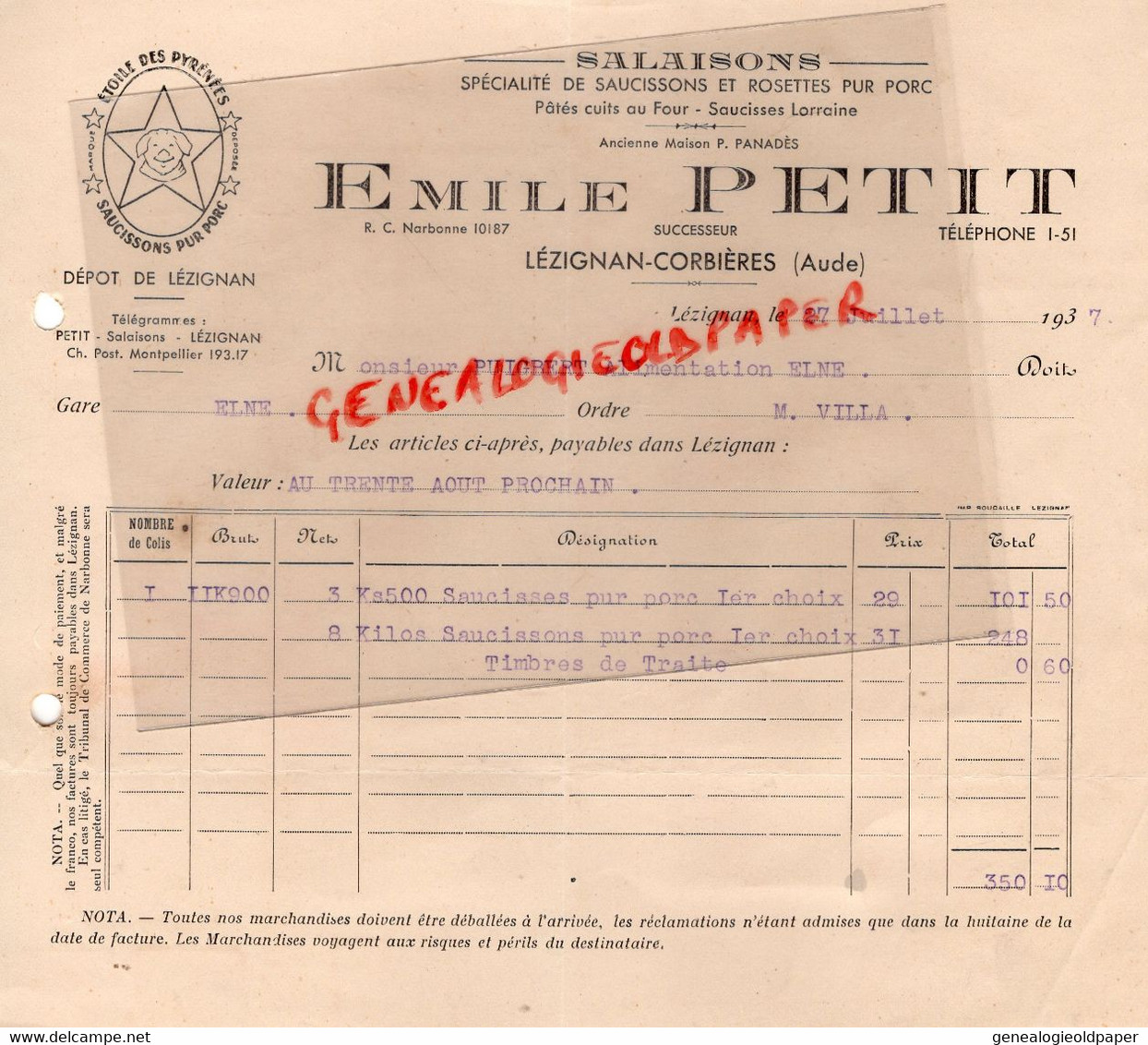 11- LEZIGNAN CORBIERES-FACTURE EMILE PETIT-SALAISONS SAUCISSONS ROSETTES PUR PORC-MAISON PANADES- PUIGBERT ELNE-1937 - Lebensmittel