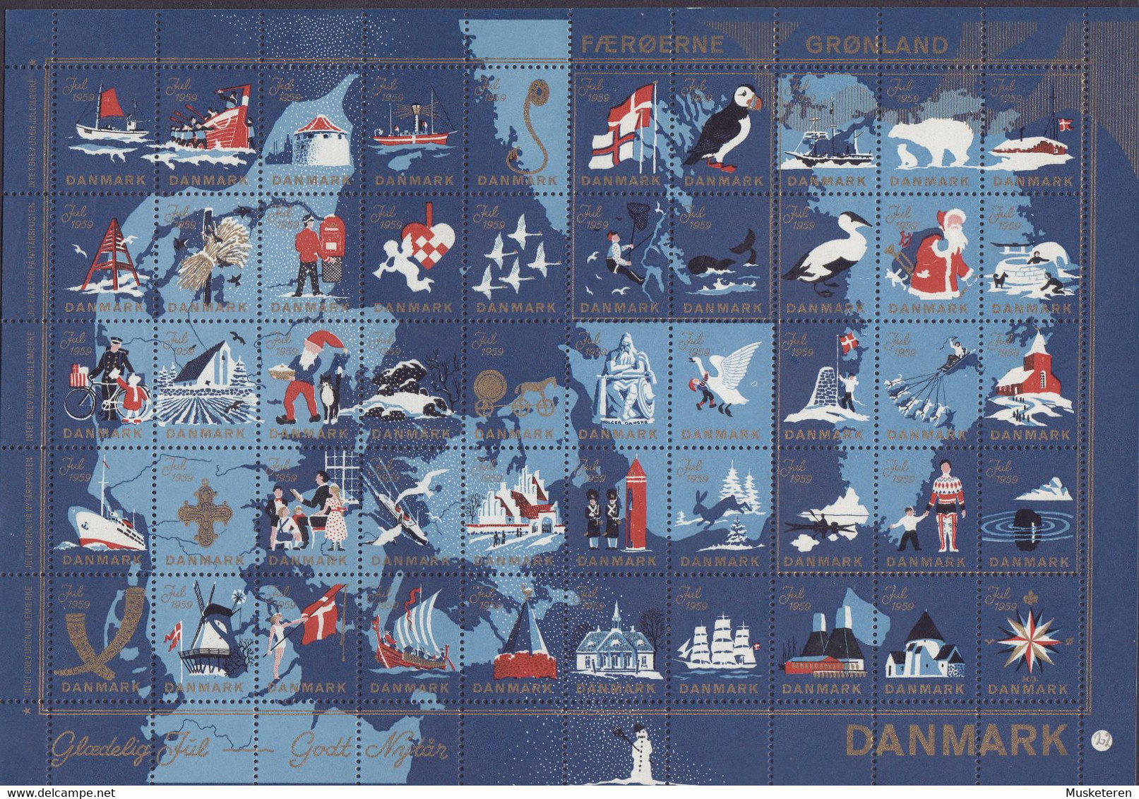 Denmark Christmas Seal Full Sheet 1959 3-Sided Perf. Sheet MNH** - Ganze Bögen