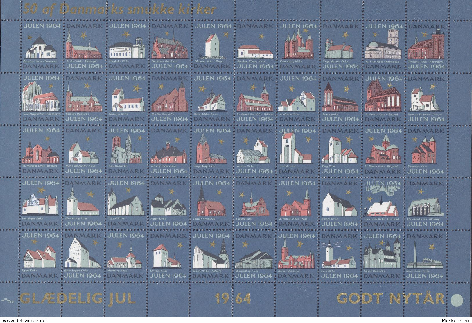 Denmark Christmas Seal Full Sheet 1964 ERROR Variety Missing Perf. Vertical Right Side Rows MNH** - Ganze Bögen