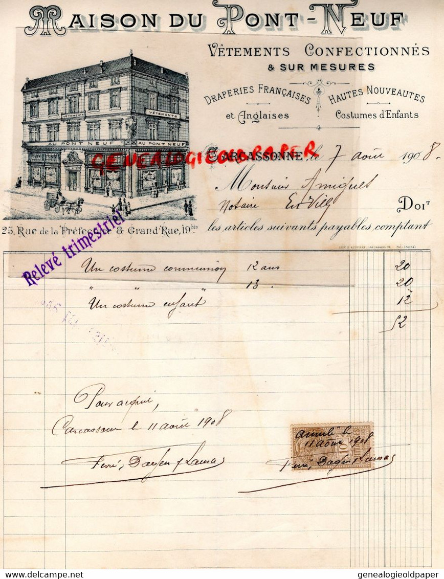 11- CARCASSONNE- RARE LETTRE MAISON DU PONT NEUF-VETEMENTS DRAPERIES-25 RUE PREFECTURE-8 GRANDE RUE-1908 - Textile & Clothing