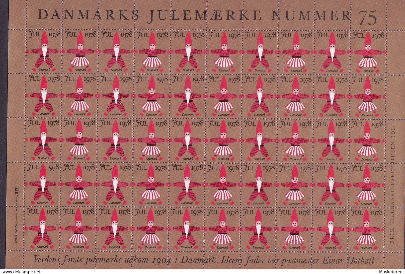 Denmark Christmas Seal Full Sheet 1978 ERROR Variety Missing Perf. Vertical Row Left Side MNH** - Feuilles Complètes Et Multiples