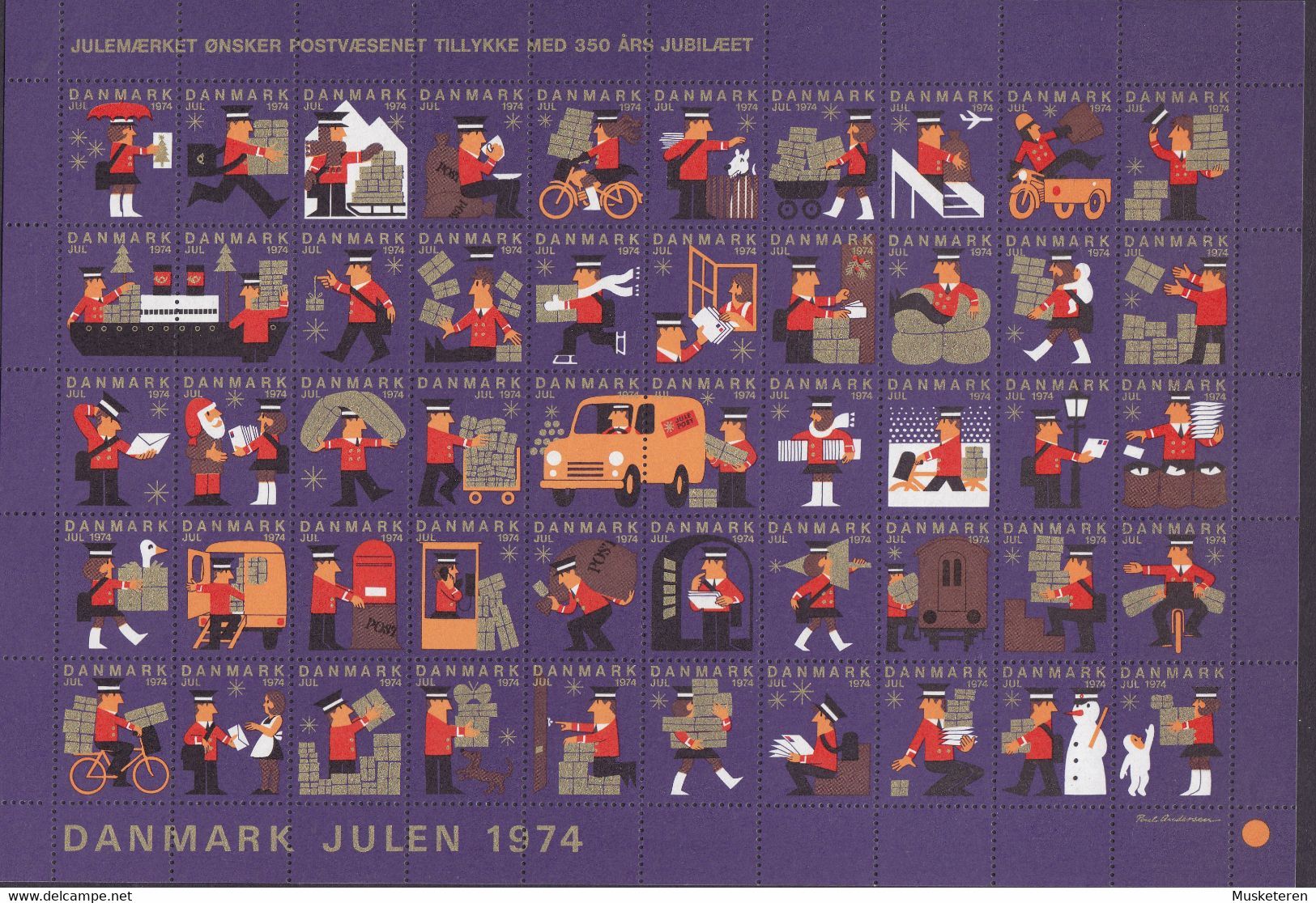 Denmark Christmas Seal Full Sheet 1974 Missing Perf. Left Side Vertical Row MNH** - Ganze Bögen