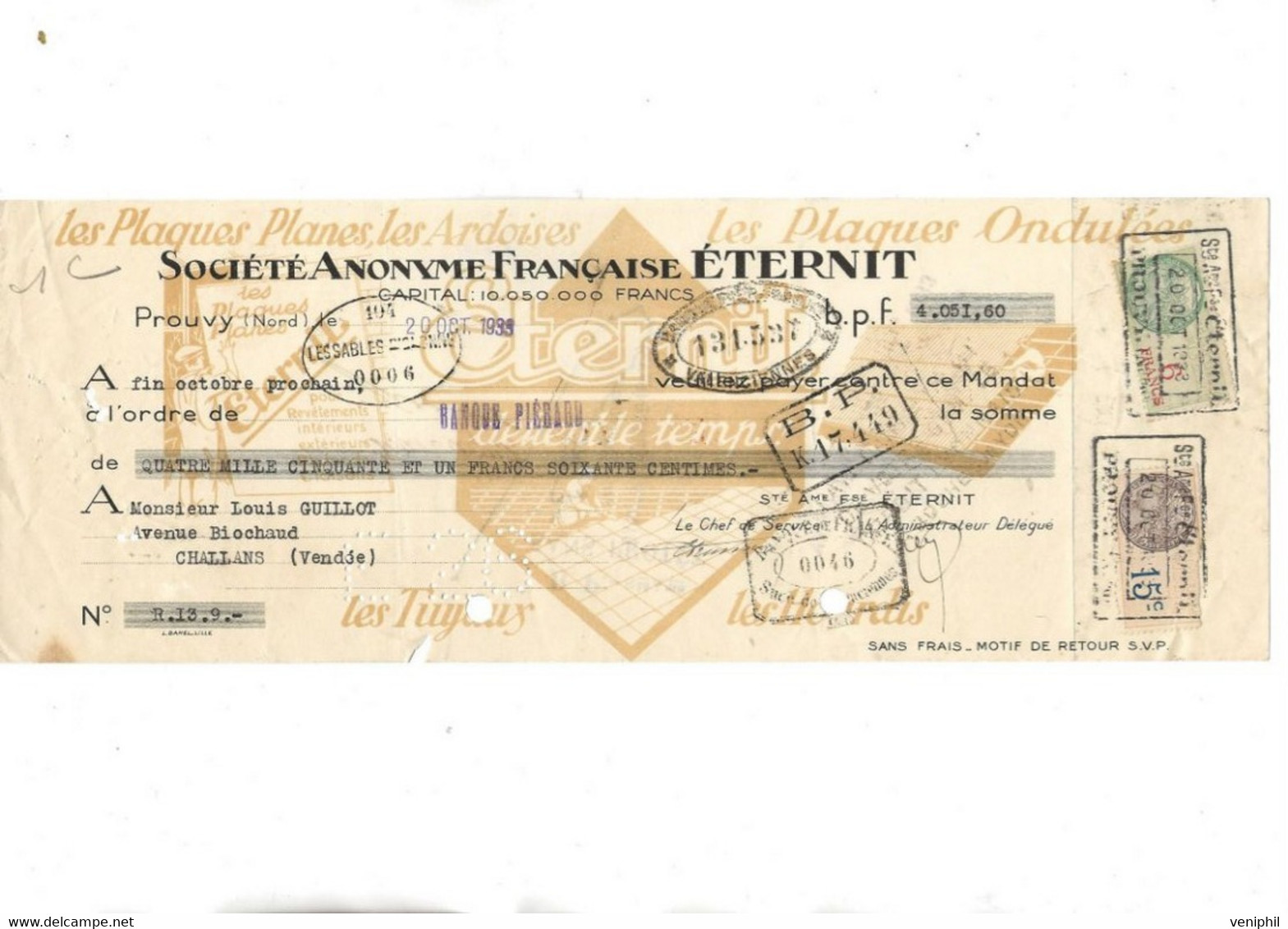 3 LETTRES DE CHANGES TIMBREES - SOCIETE FRANCAISE ETERNIT-PROUVY -NORD - ANNEE 1923-24 - Bills Of Exchange