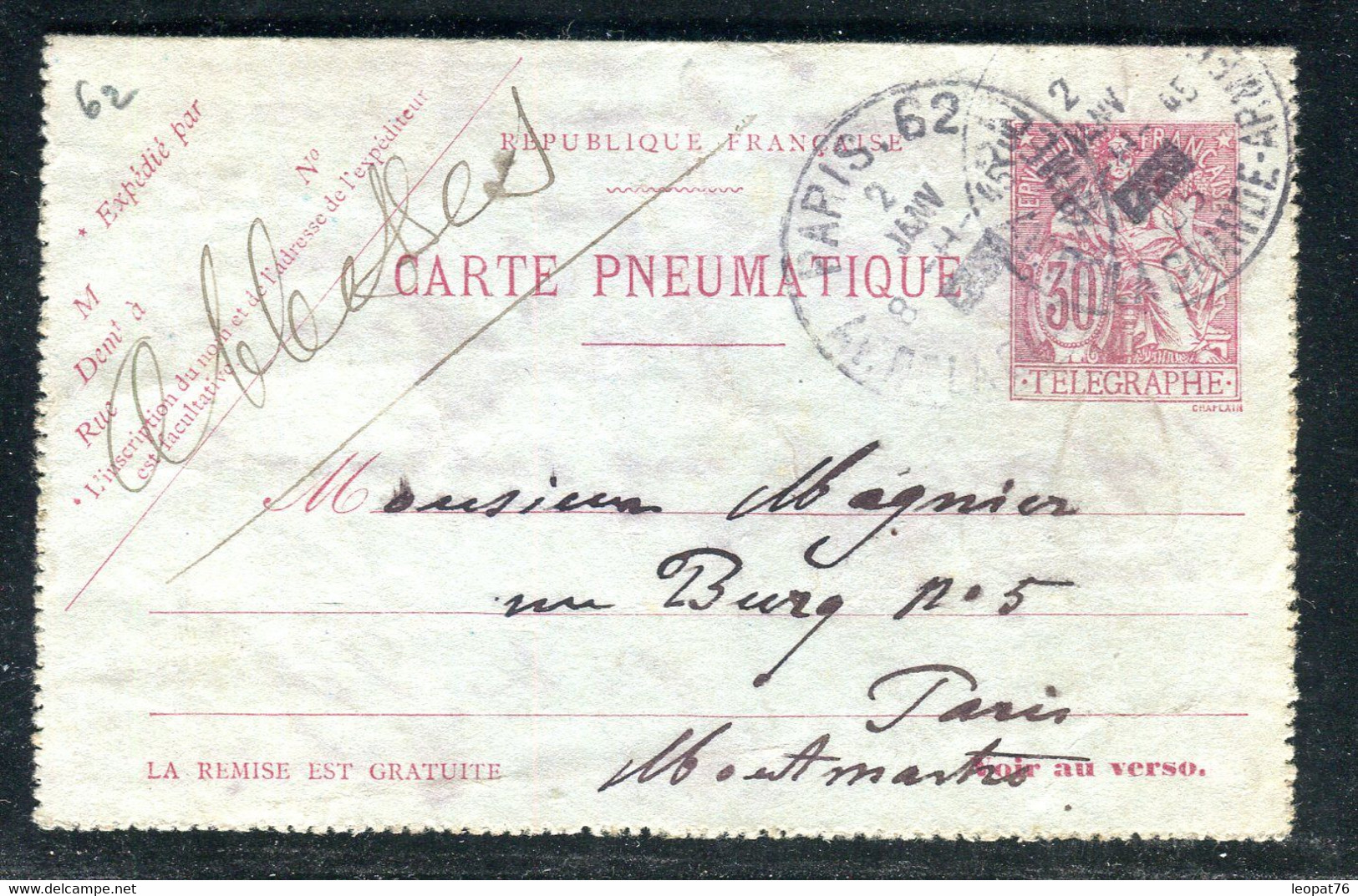 Carte Pneumatique Type Chaplain ( Carte Lettre ) De Paris Pour Paris En 1905 - N 246 - Pneumatici