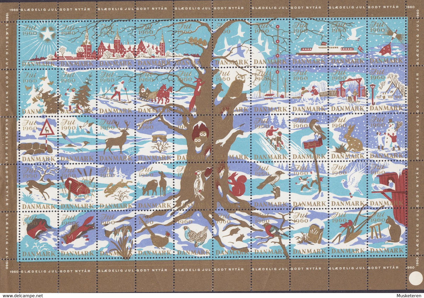 Denmark Christmas Seal Full Sheet 1960 ERROR Variety Missing Perf. Right Vertical Row Side MNH** - Hojas Completas