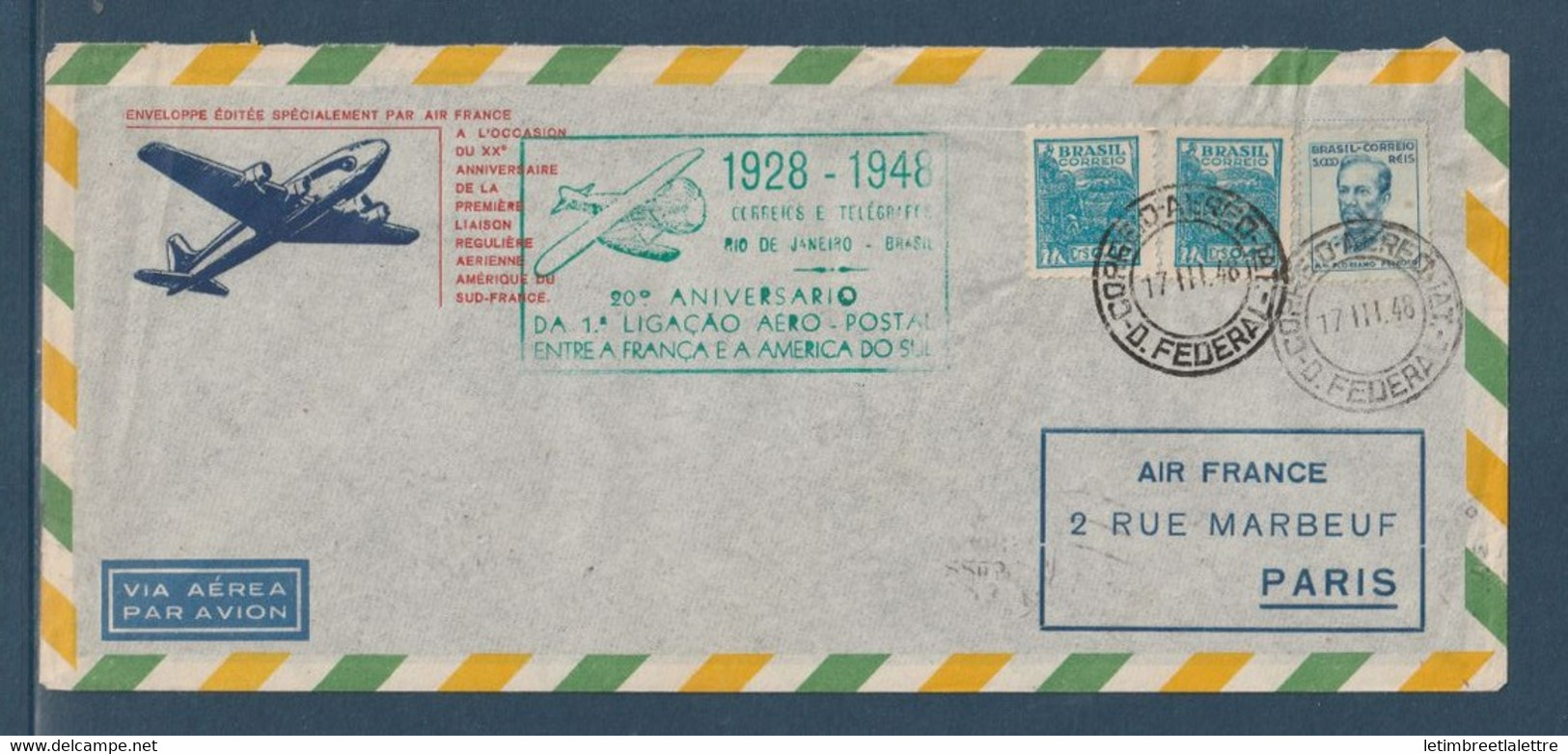 ⭐ Brésil - 20ème Anniversaire De La  Première Liaison Régulière Aérienne Amérique Du Sud France - 1928 / 1948 ⭐ - Airmail