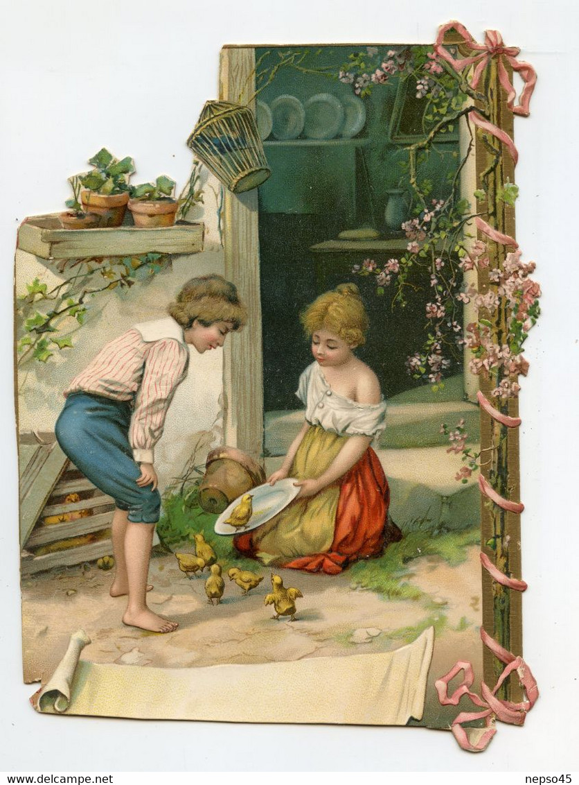 Grande Et Magnifique Chromo Découpi ( Dimensions: 22,2 X 17,0 ( 8,74 X 6,69 ) Couple D'enfants Et Petits Poussins - Enfants