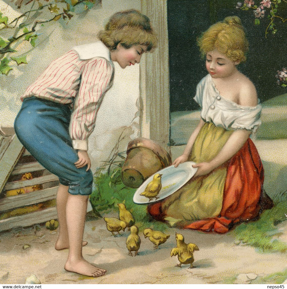 Grande Et Magnifique Chromo Découpi ( Dimensions: 22,2 X 17,0 ( 8,74 X 6,69 ) Couple D'enfants Et Petits Poussins - Enfants