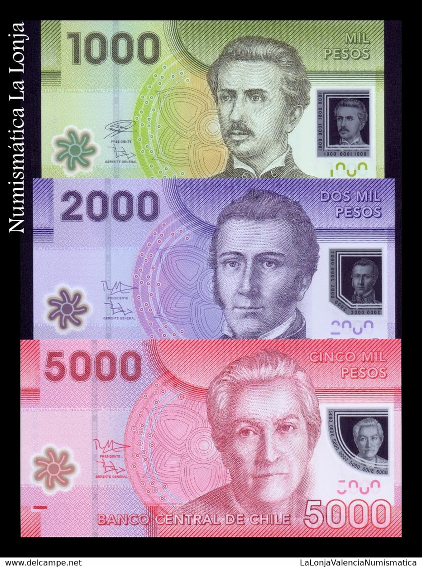 Chile Set 3 Banknotes 1000 2000 5000 Pesos 2009-2021 Pick 161-163 Polymer SC UNC - Chili