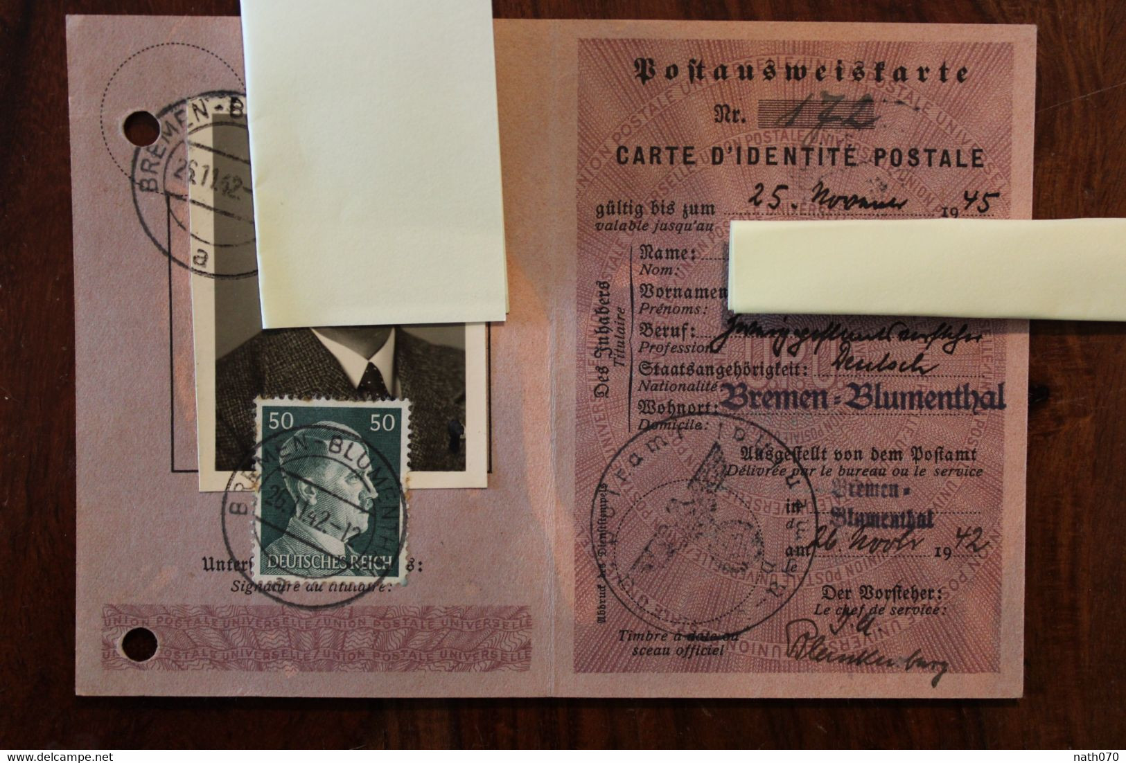 1942 Bremen Blumenthal Postausweiskarte Carte D'Identite Postale Deutsches Dt Reich Cover WW2 WK2 - Cartas & Documentos