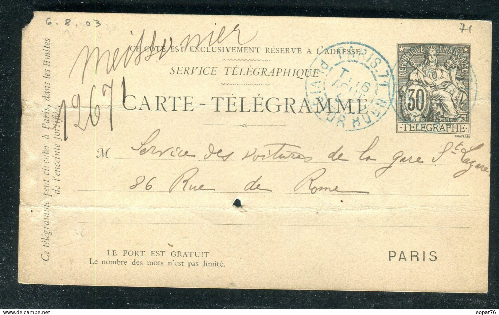 Carte Pneumatique Type Chaplain De Paris Pour Paris  - N 250 - Pneumatic Post
