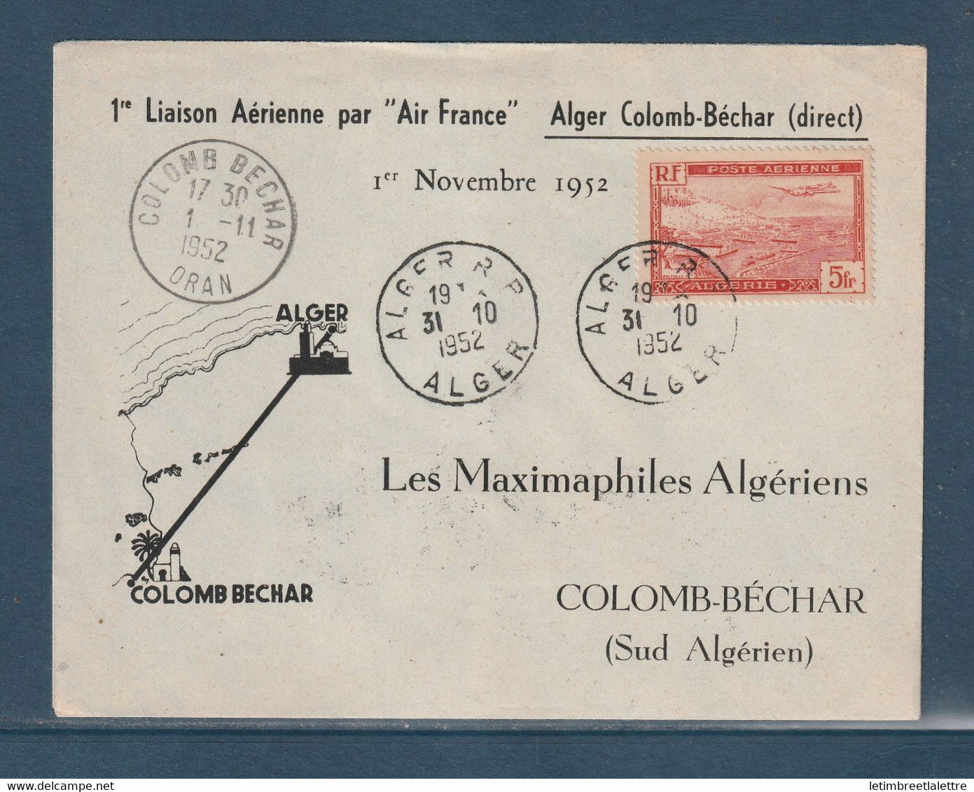 ⭐ Algérie - Première Liaison Aérienne Air France Alger Colomb Béchar ( Direct ) - 1952 ⭐ - Poste Aérienne