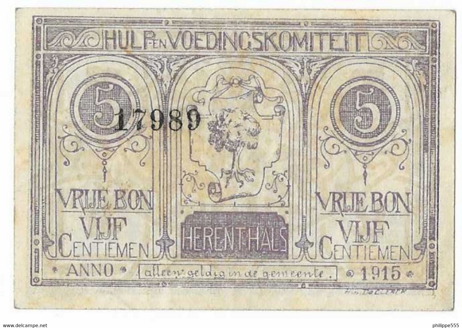 Noodgeld Herenthals 5 Centiemen 1915 Type 3 Paars - Sonstige & Ohne Zuordnung