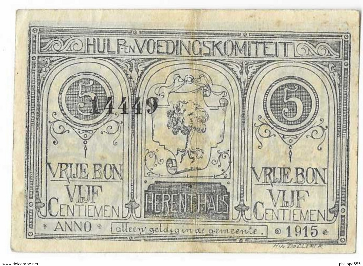 Noodgeld Herenthals 5 Centiemen 1915 Type 1 Zwart - Andere & Zonder Classificatie