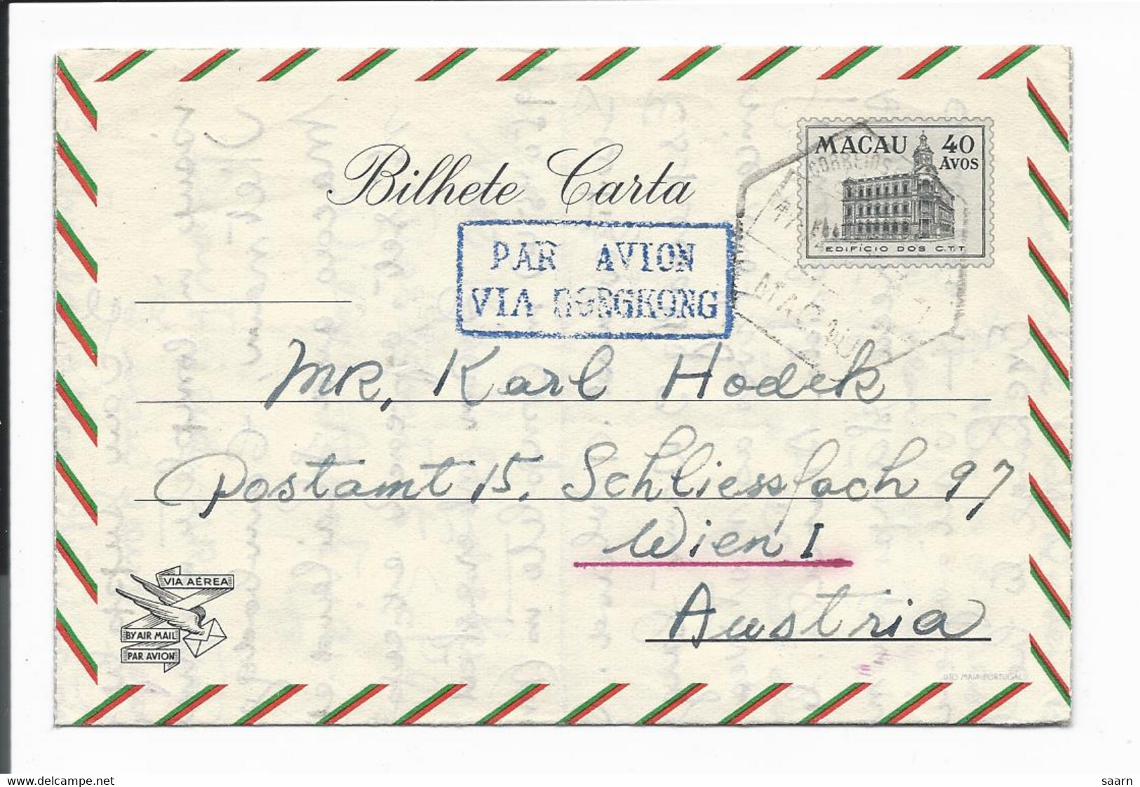 Macao  LF 3  -  40 Av. Gebäude Aerogramm Nach Wien M. Viel Text Bedarfsverwendet - Enteros Postales