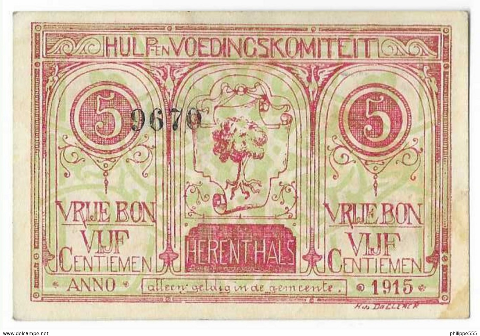 Noodgeld Herenthals 5 Centiemen 1915 Type 2 Rood Groen - Autres & Non Classés