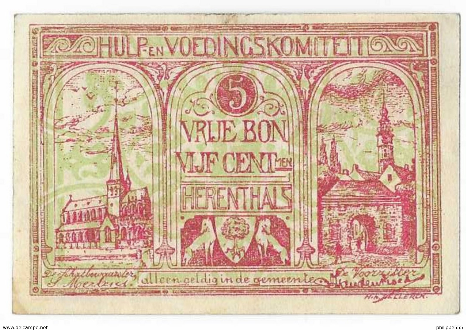 Noodgeld Herenthals 5 Centiemen 1915 Type 2 Rood Groen - Altri & Non Classificati