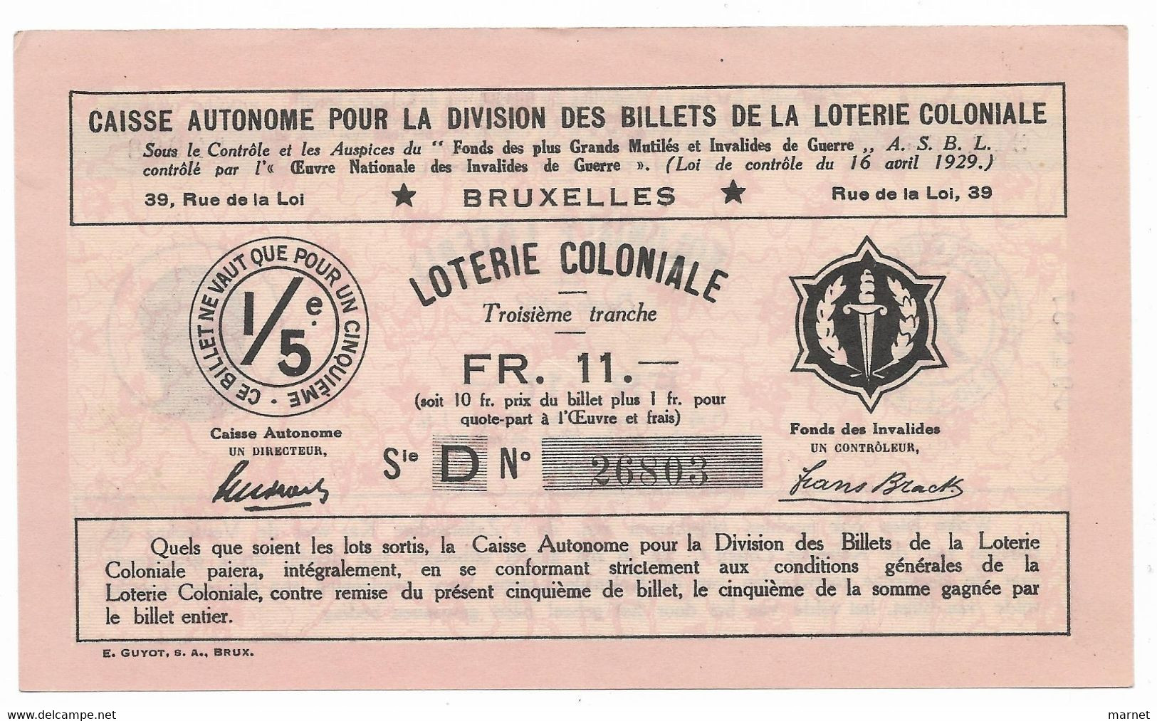 Belgique Congo Belge Loterie Coloniale 11 Francs 3 ème Tranche 1934 Rare état Neuf - Biglietti Della Lotteria