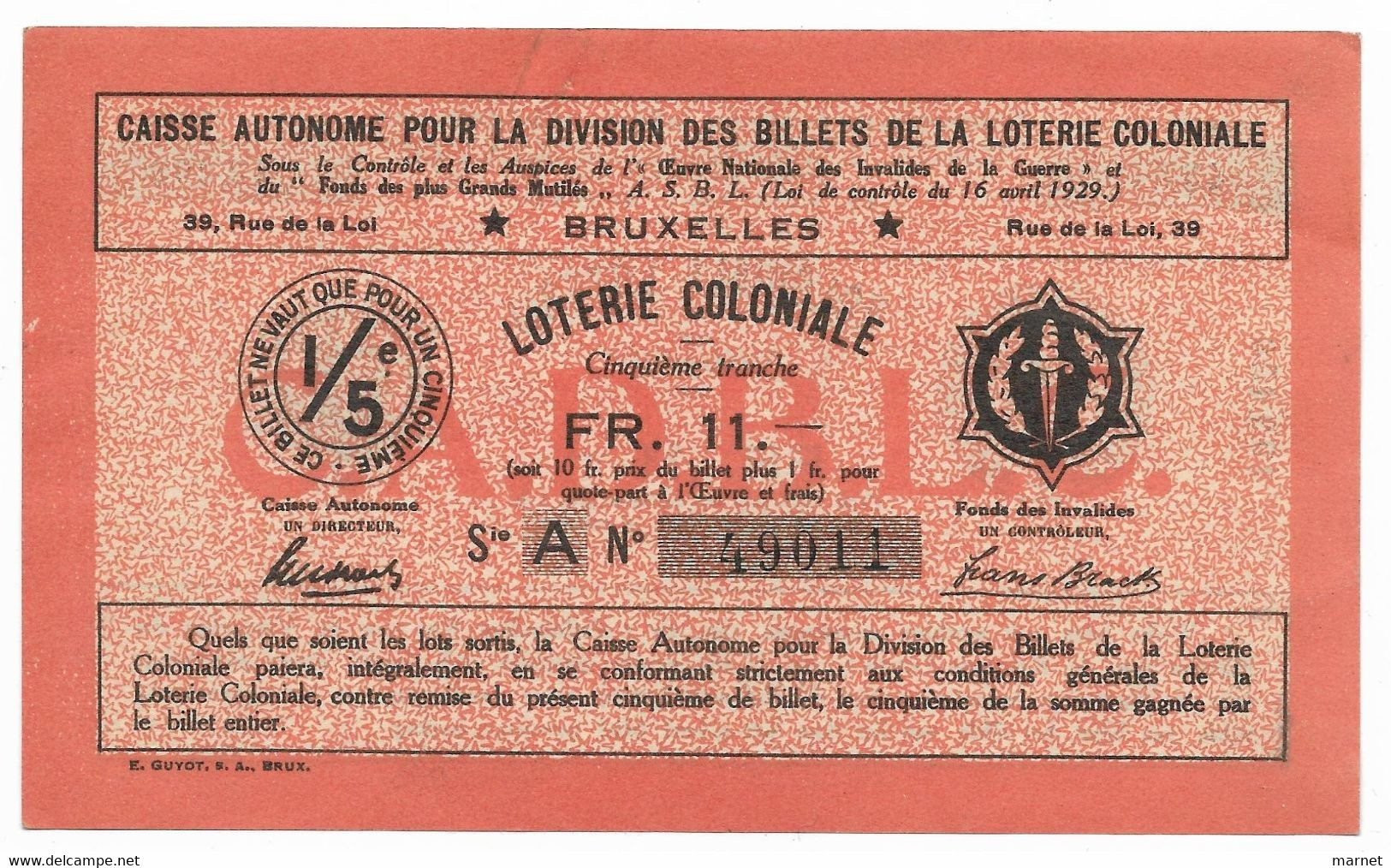 Belgique Congo Belge Loterie Coloniale 11 Francs 5 ème Tranche 1935 Rare état Neuf - Biglietti Della Lotteria