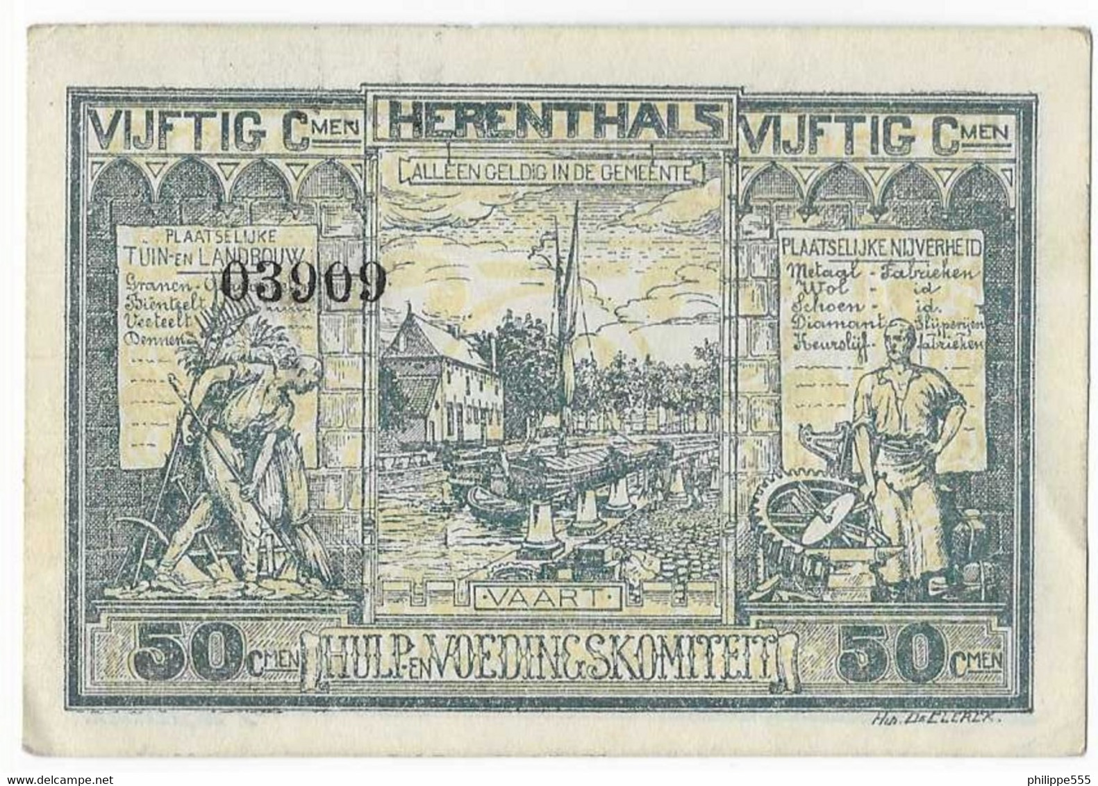 Noodgeld Herenthals 50 Centiemen 1915 Blauw - Andere & Zonder Classificatie