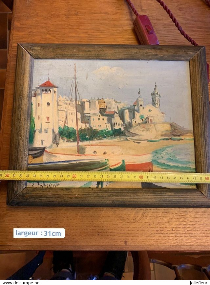 Ancien Tableau Peint Sur Toile ,signé / Représentant La Ville De Barcelone - Aquarelles