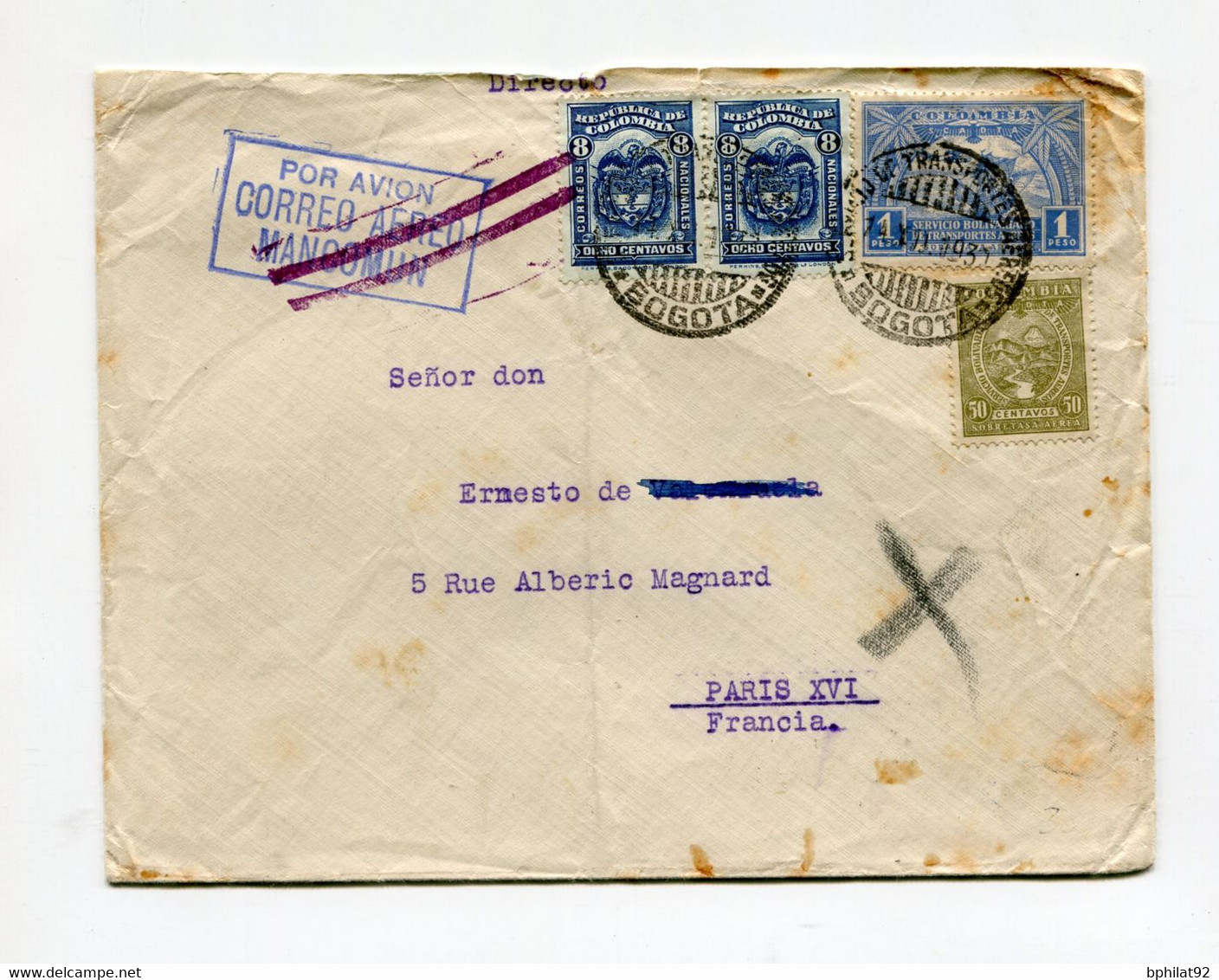 !!! COLOMBIE, LETTRE PAR AVION DE BOGOTA POUR PARIS DE 1931 - Colombia