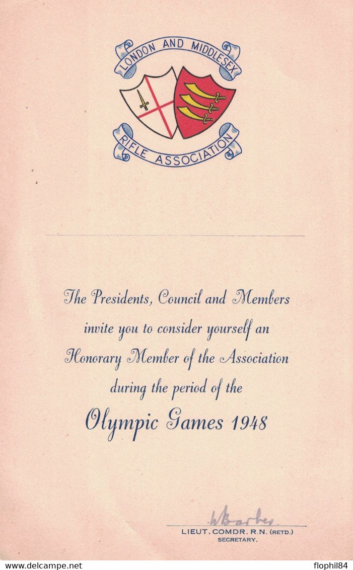 JEUX OLYMPIQUE 1948 - LONDRES - INVITATION A DEVENIR MEMBRE HONORAIRE POUR LA PERIODE DES JO DE 1948 - SIGNATURE DU SECR - Sport & Tourismus