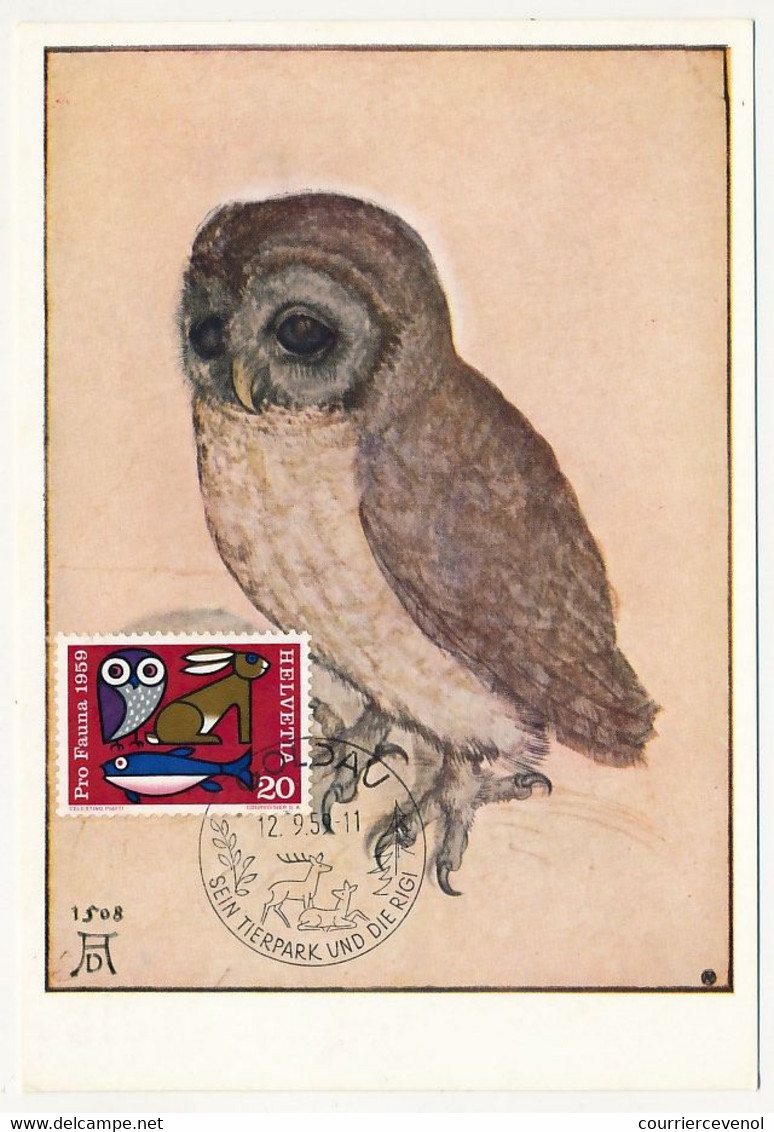 SUISSE - Carte Maximum - 20c Pro Fauna 1959 - Hibou - Goldau - 12/9/1959 - Maximumkarten (MC)