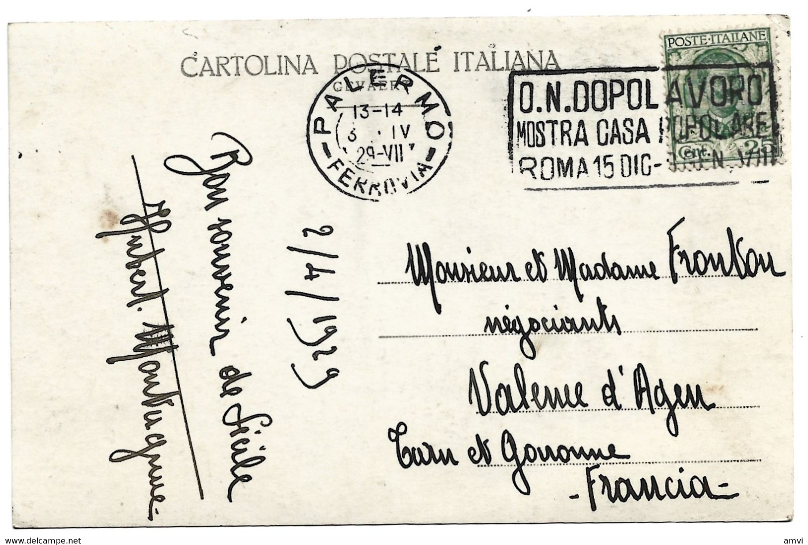 22-11-3363 Cachet Palermo Ferrovia O M  OOPOLAVORO MOSTRA CASA POPOLARE ROMA 1929 - Monreale Chiostr Dei Benedettini - Maschinenstempel (EMA)