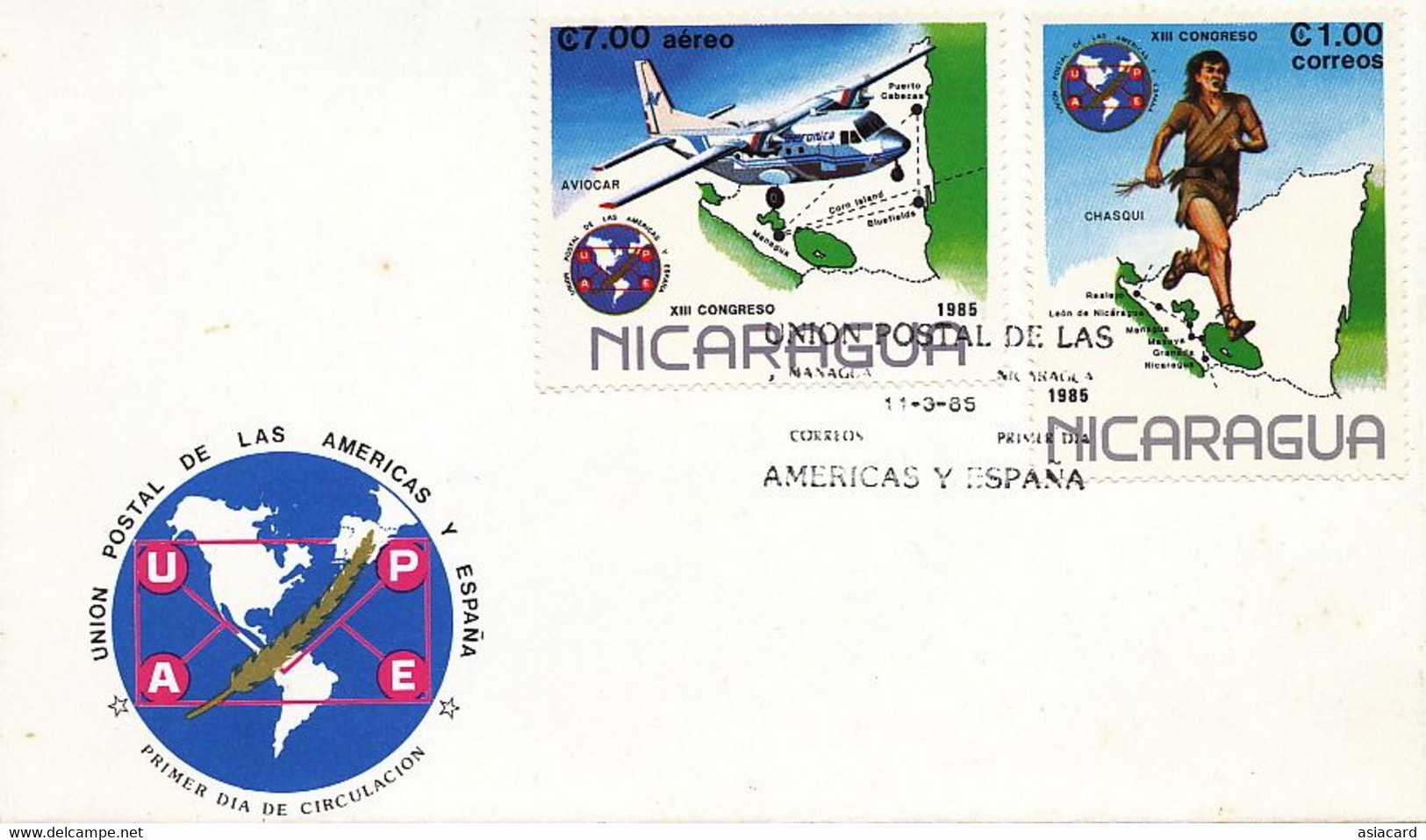Primer Dia First Day Cover 1 Er Jour  Nicaragua Aviocar Union Postal Americas Espana - Nicaragua