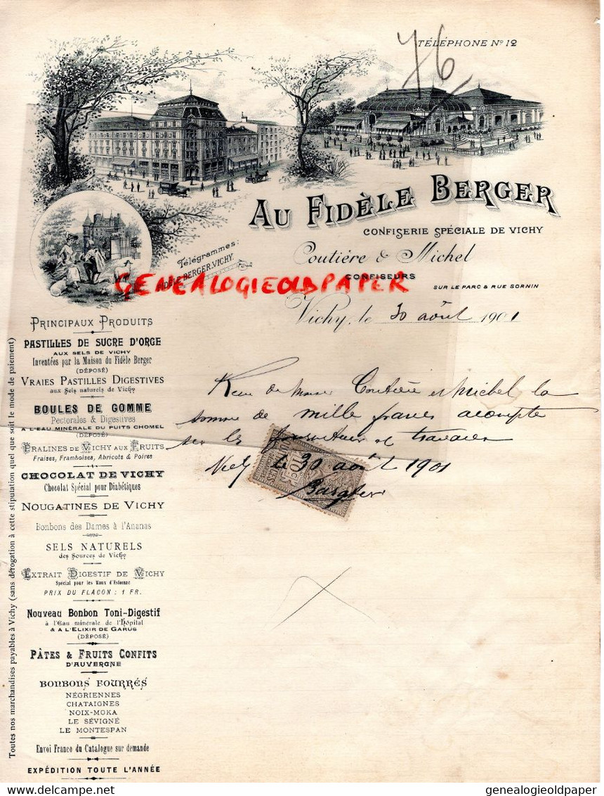 03- VICHY- FACTURE AU FIDELE BERGER-CONFISERIE COUTIERE ET MICHEL-CONFISEUR-SUR LE PRAC ET RUE SORNIN-1901-SUCRE ORGE - Lebensmittel