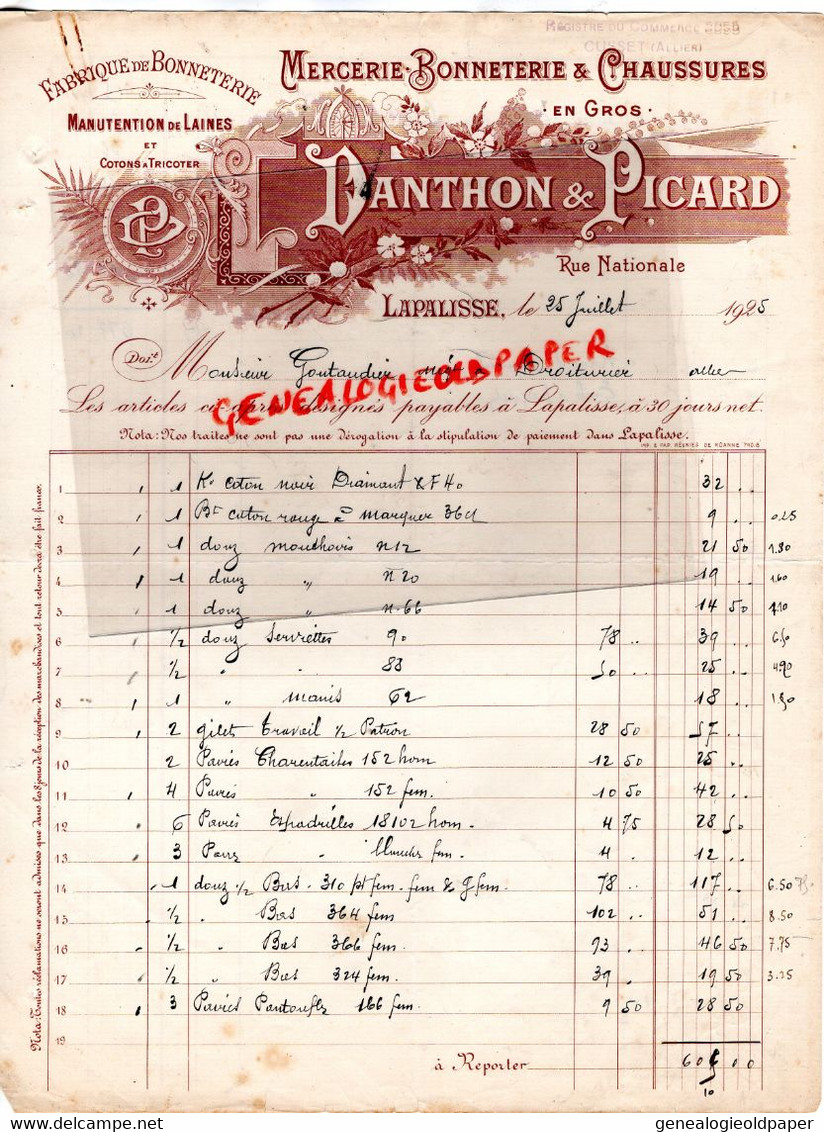 03- LAPALISSE- FACTURE DANTHON PICARD-MERCERIE BONNETERIE CHAUSSURES-RUE NATIONALE- GOUTAUDIER DROITURIER-1925 - Textilos & Vestidos