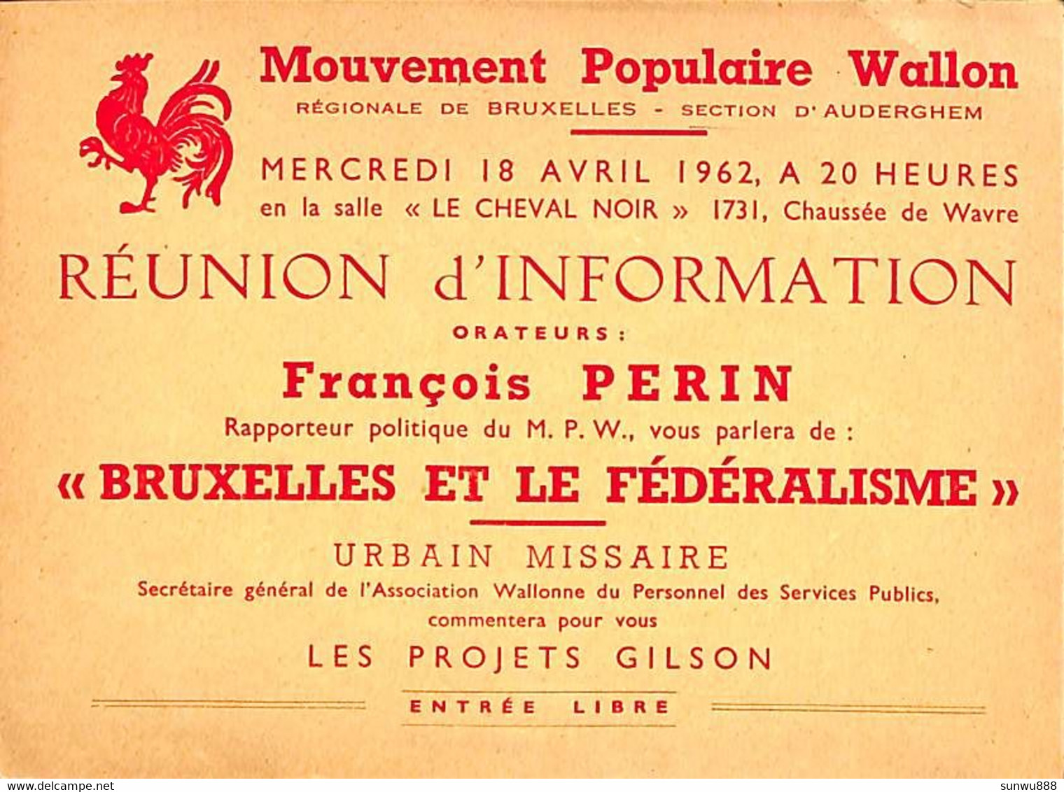 Auderghem - Mouvement Populaire Wallon 1962 (Bruxelles Et Le Fédéralisme) - Auderghem - Oudergem