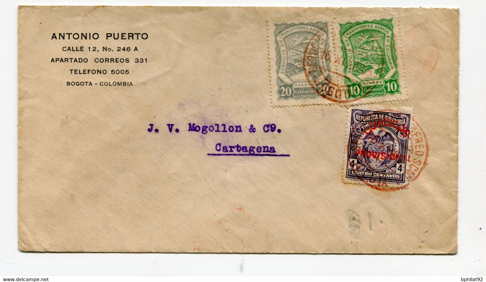 !!! COLOMBIE, LETTRE PAR AVION  DE BOGOTA POUR CARTAGENE DE 1925 - Colombia