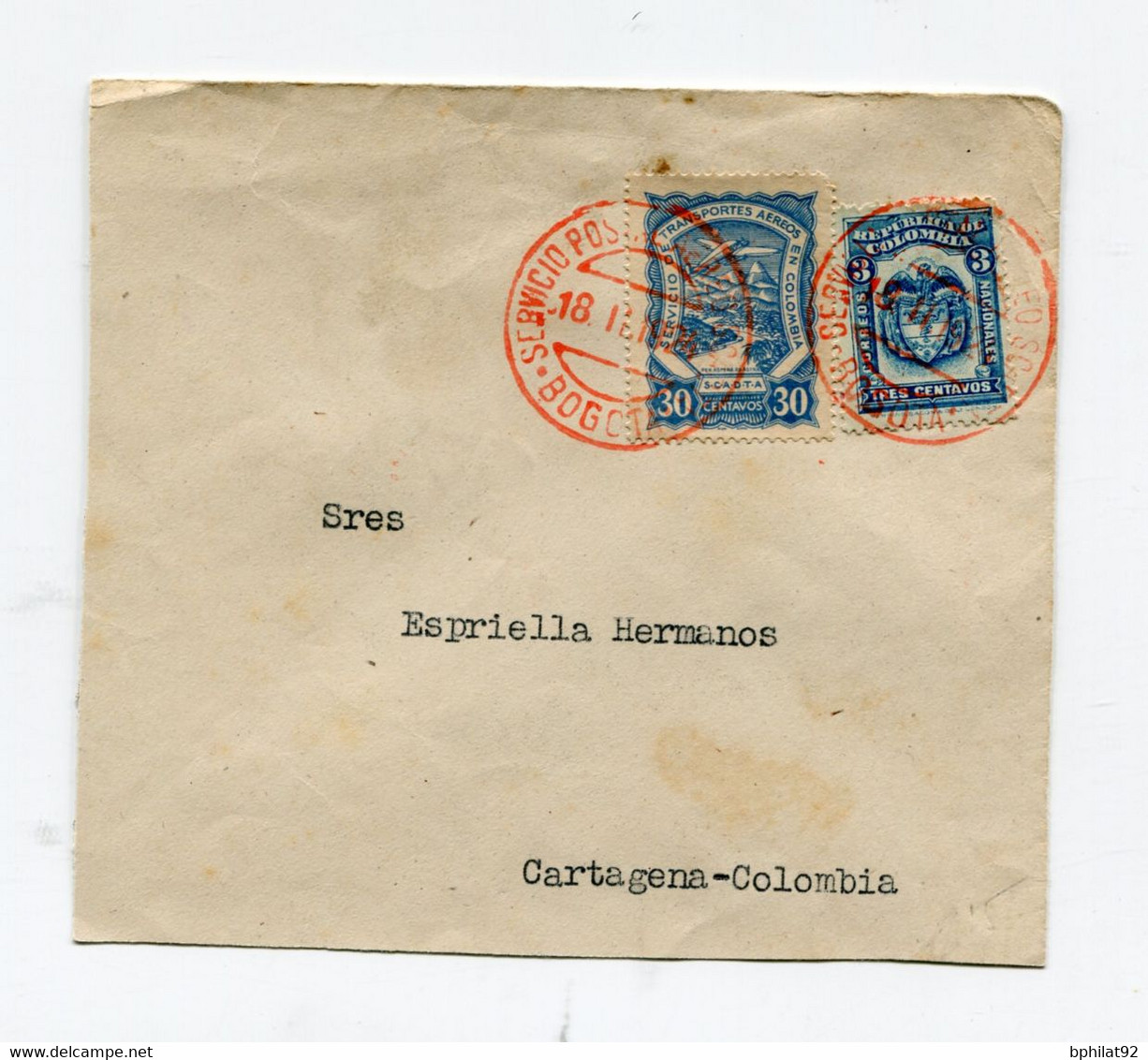 !!! COLOMBIE, LETTRE PAR AVION  DE BOGOTA POUR CARTAGENE DE 1924 - Colombia