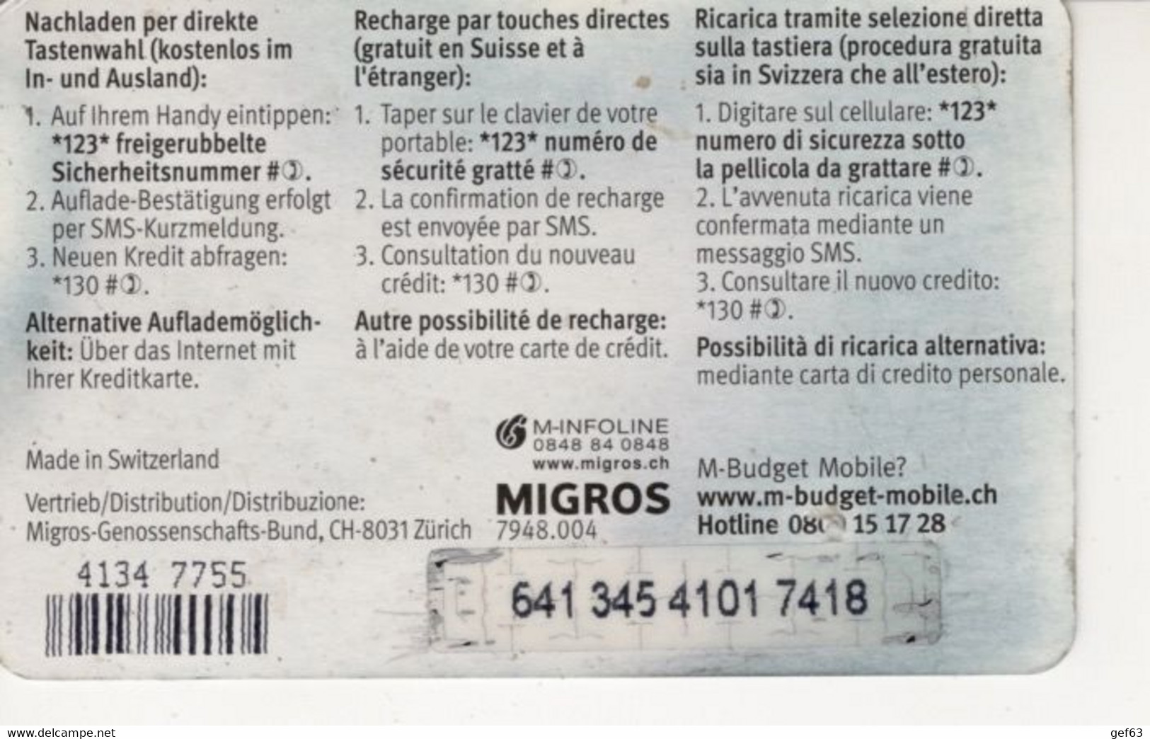 Migros - M-Budget Mobile - Mobile Value Card 10 CHF - Opérateurs Télécom
