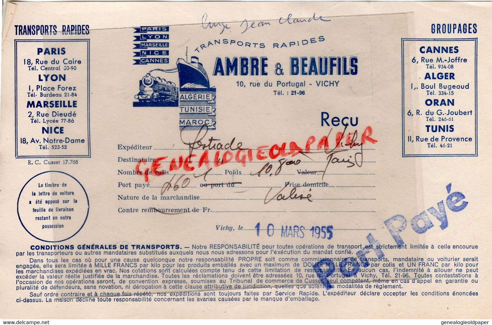 03- VICHY- FACTURE AMBRE BEAUFILS- TRANSPORTS PARIS LYON MARSEILLE NICE-CANNES-ALGER-ORAN-TUNIS-10 RUE PORTUGAL-1955 - Transporte