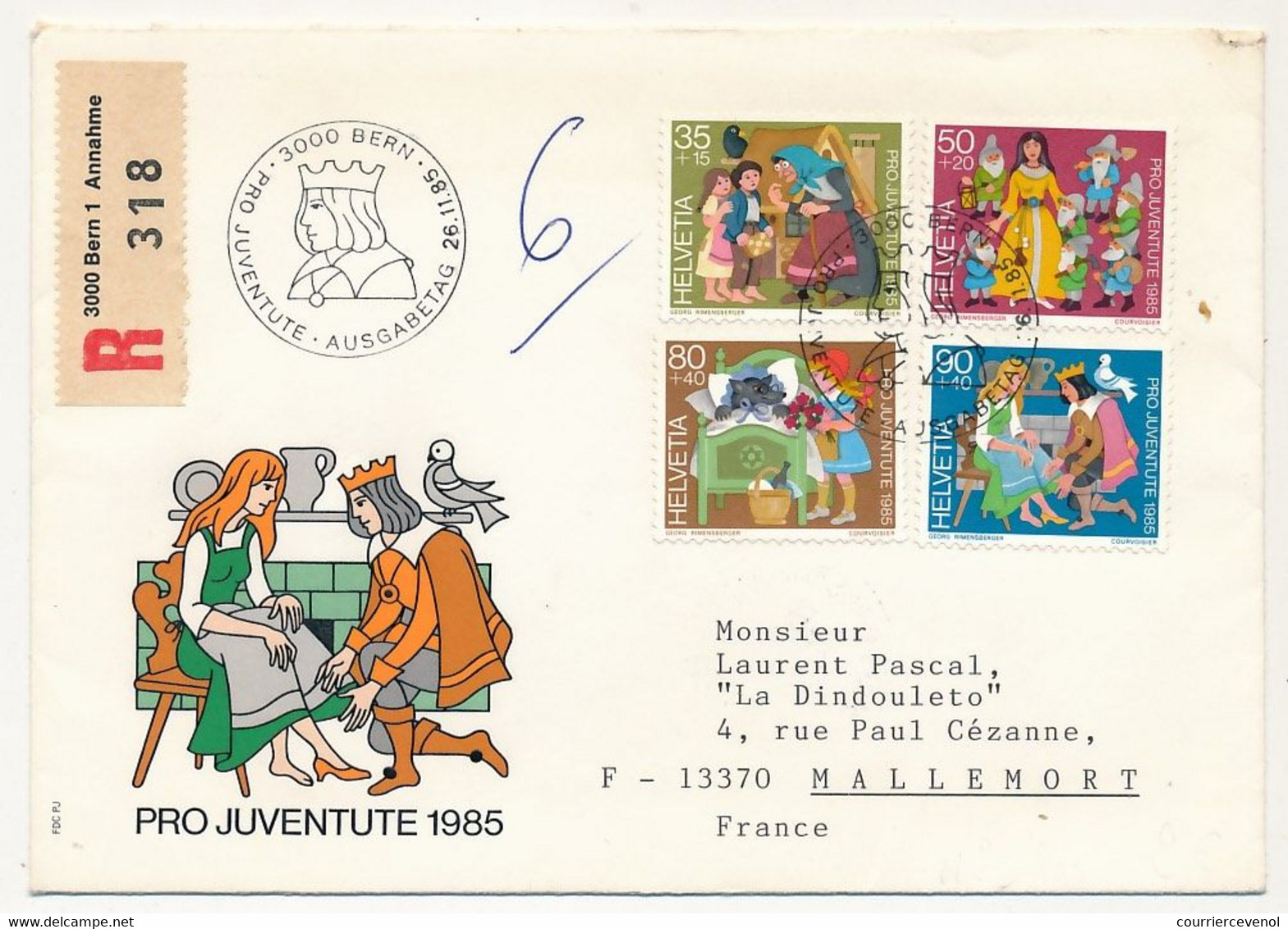 SUISSE - Enveloppe FDC Recommandée Affr Série Pro Juventute 1985 - BERNE 26/11/1985 - FDC