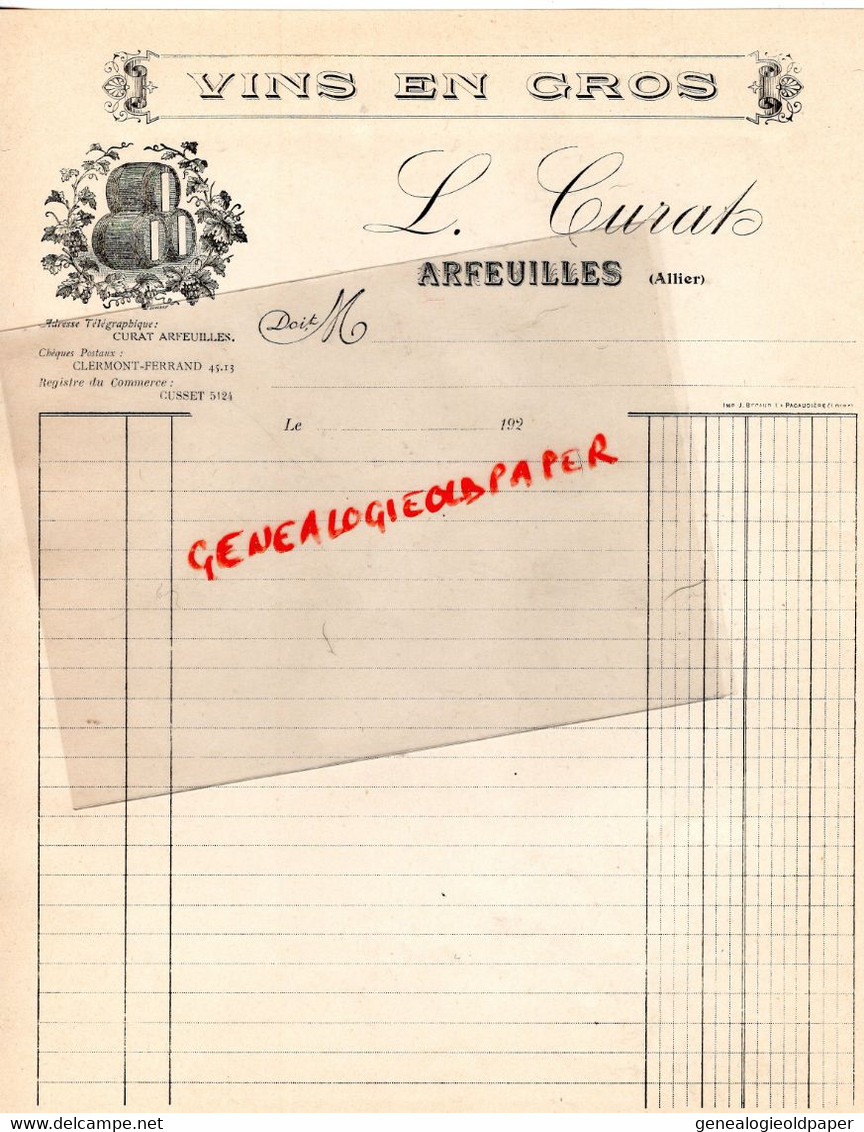03- ARFEUILLES- RARE LETTRE L. CURAT - VINS - ALLIER 1920 - Lebensmittel