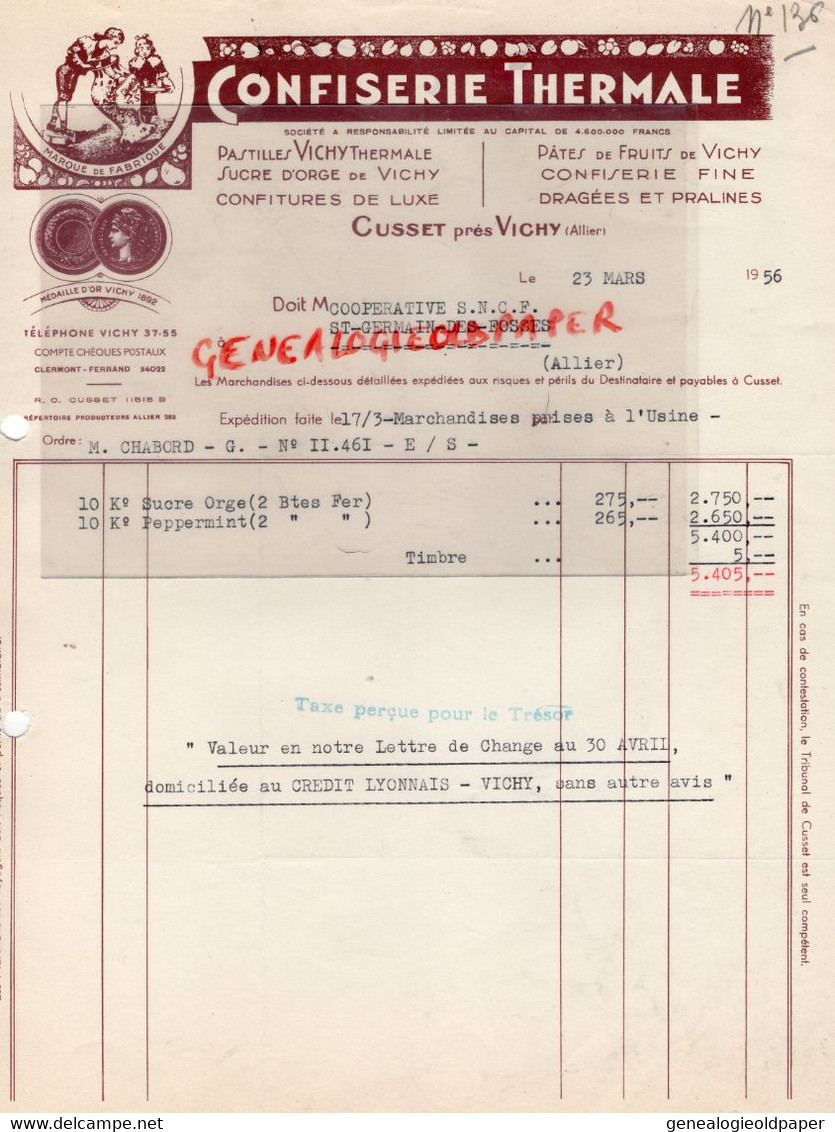 03- CUSSET PRES VICHY- FACTURE CONFISERIE THERMALE -PASTILLES-SUCRE D' ORGE-CONFITURES-1956 - Lebensmittel
