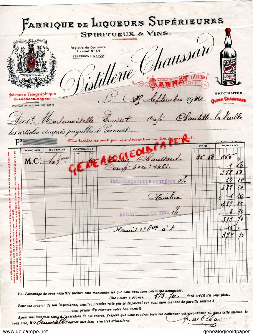 03 - GANNAT - BELLE FACTURE FABRIQUE LIQUEURS SUPERIEURES- DISTILLERIE CHAUSSARD-QUINA- 1942 TIMBRE PETAIN - 1900 – 1949