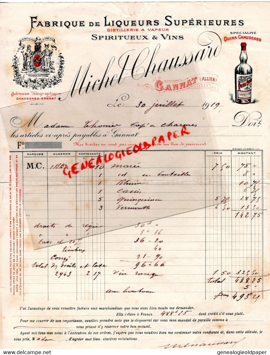 03- GANNAT - FACTURE MICHEL CHAUSSARD FABRIQUE LIQUEURS DISTILLERIE-  1919 - Alimentos